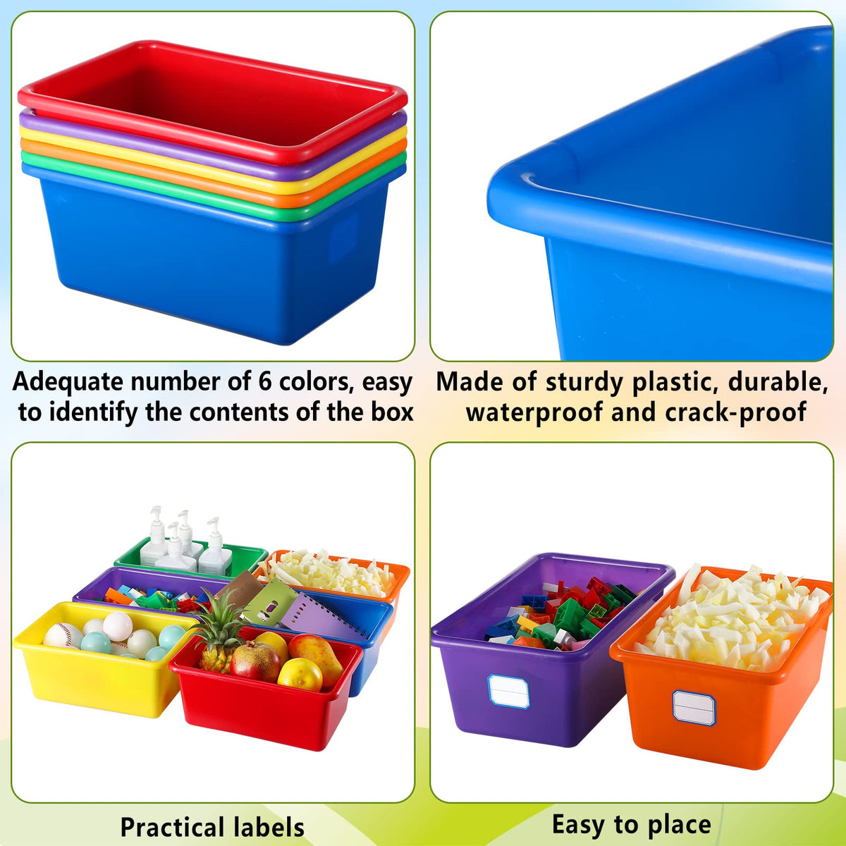 Hoolerry plastic storage bin is water resistant and durable for busy classrooms.