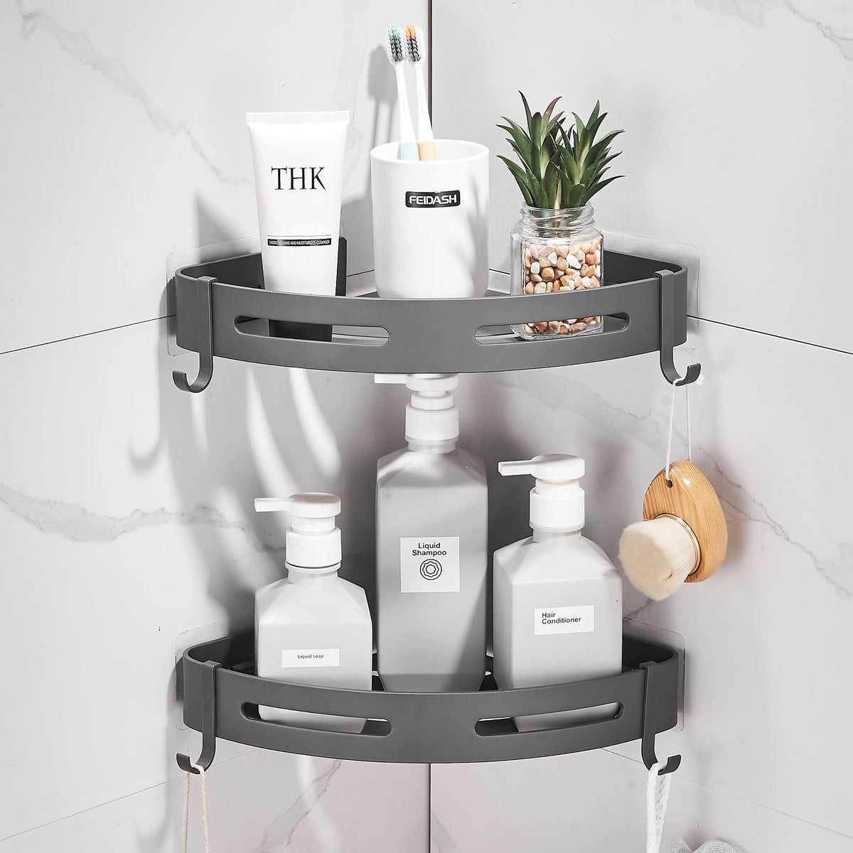 Hoomtaook 2-tier corner shelf for compact shower storage.