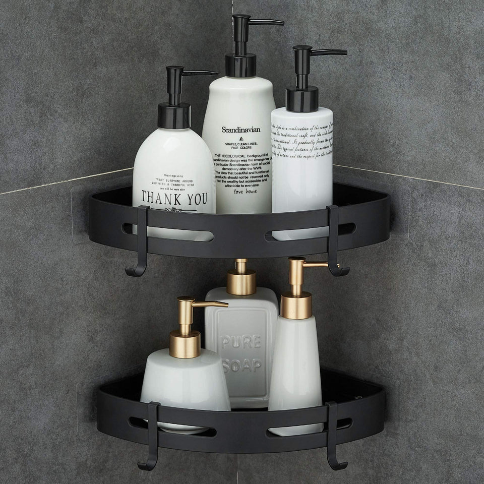 Hoomtaook adhesive corner shelf in bathroom with two tiers for organizing essentials