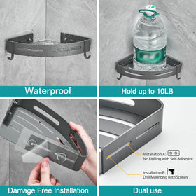 Hoomtaook corner shower caddy with adhesive for drill-free setup.