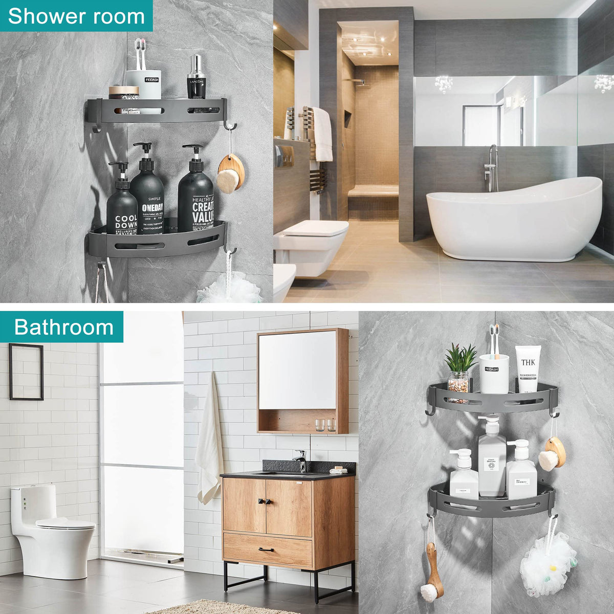 Hoomtaook drill-free installation on smooth walls for bathroom organization.
