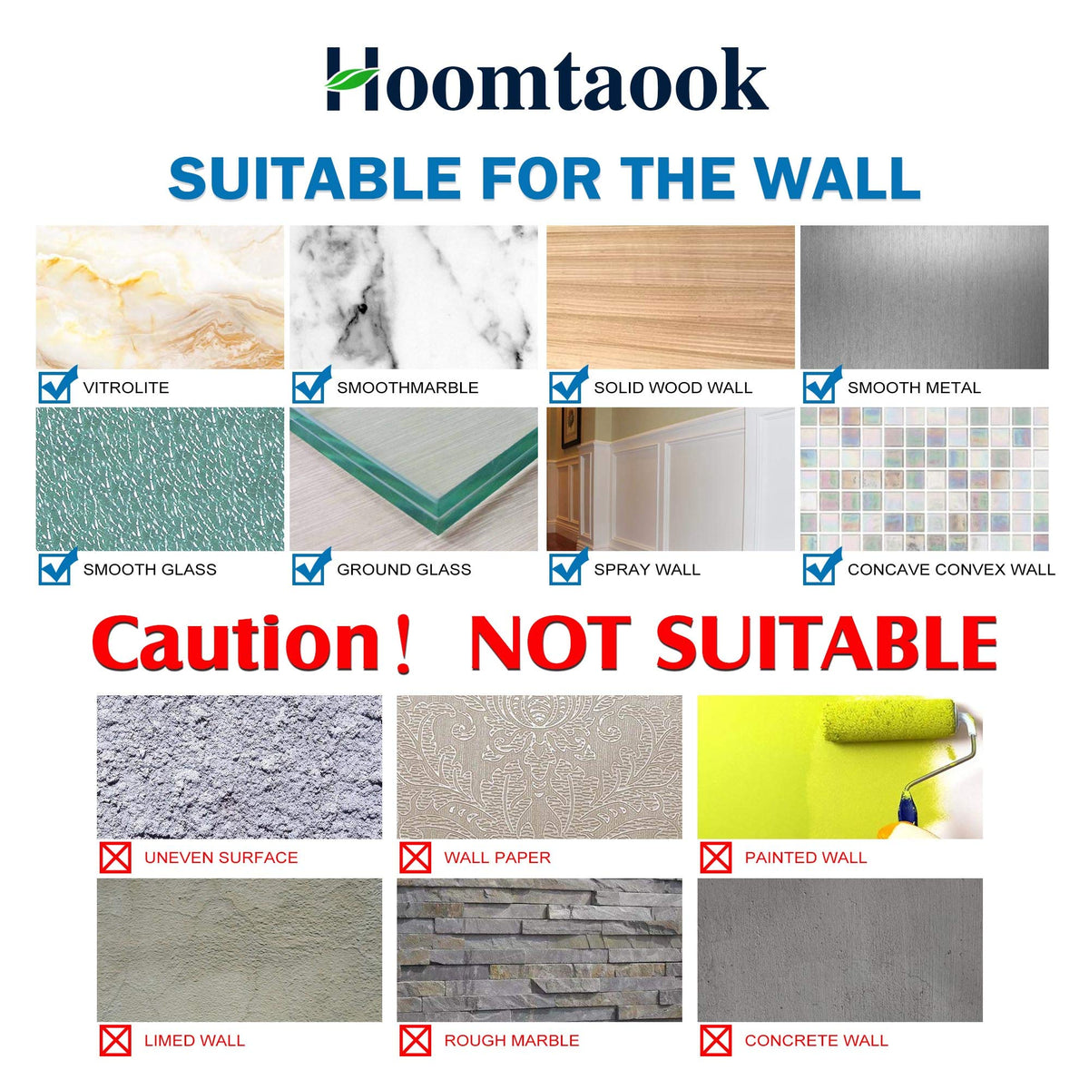 Hoomtaook strong traceless adhesive tape for secure weight support.