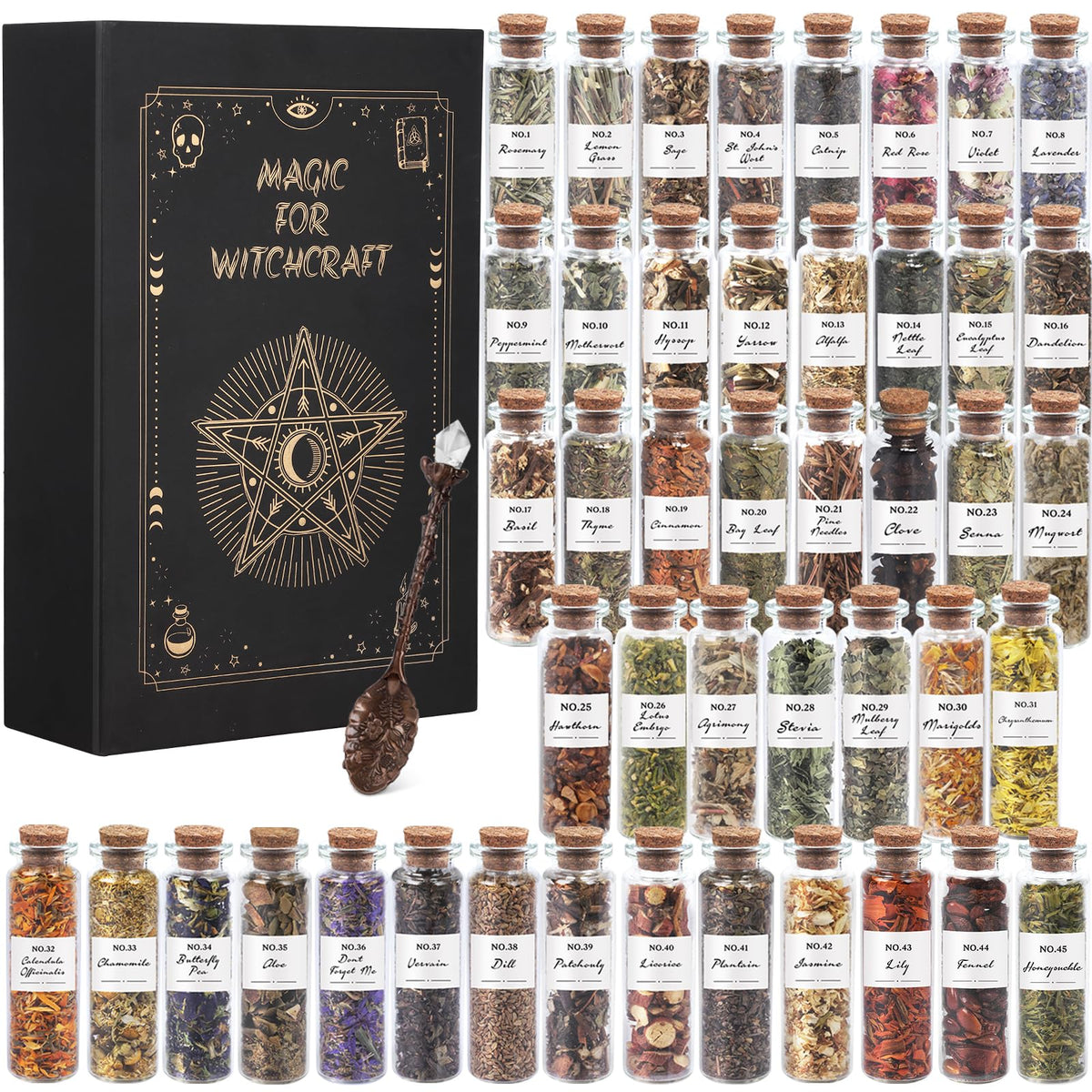 HOOMUU Witchcraft Herbs 45-bottle set for ritual preparation and spiritual focus.