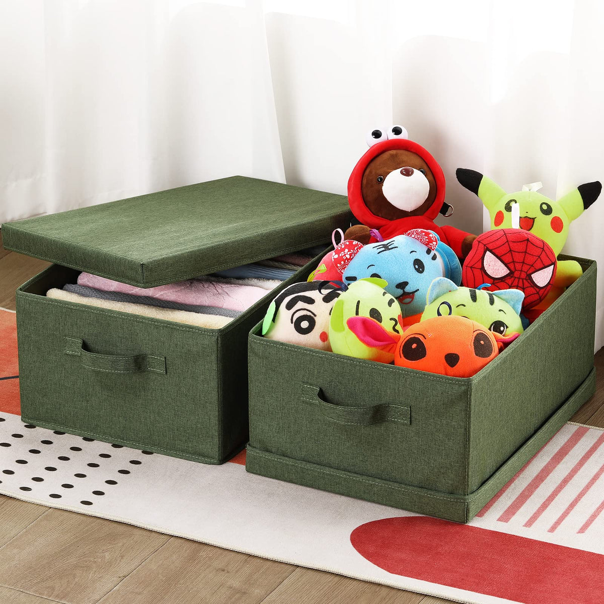 HOONEX olive storage bin folded body demonstrates space-saving design.