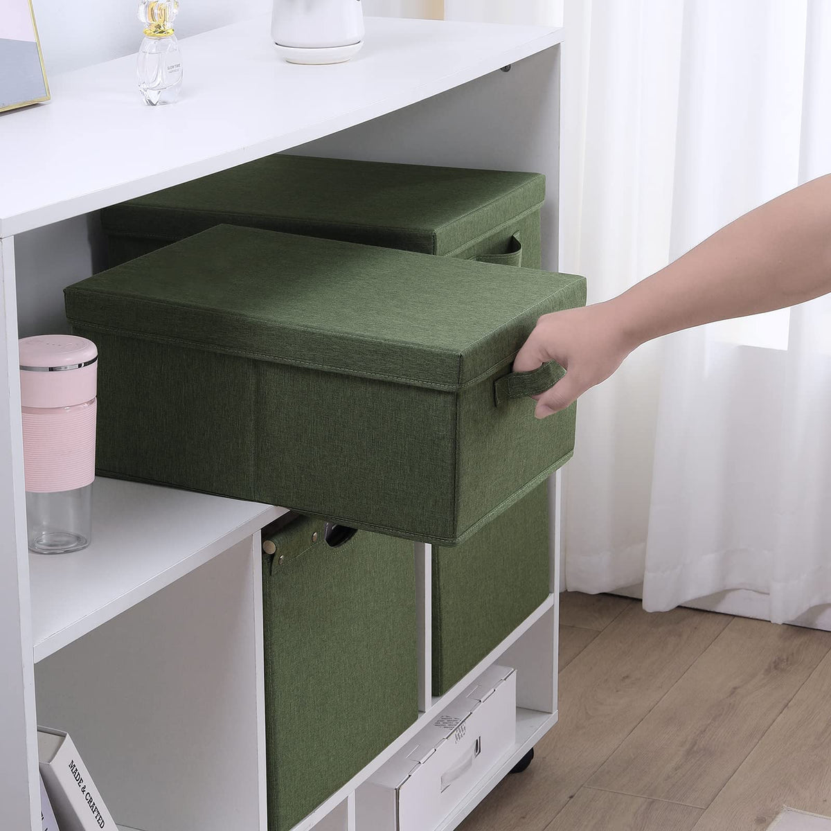 HOONEX olive storage bin removable lid protects contents from dust.