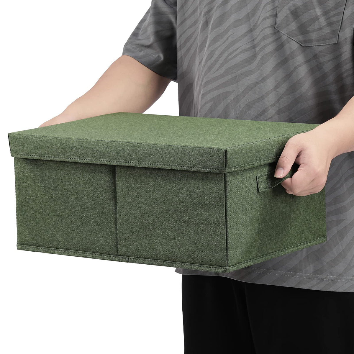 HOONEX olive storage bins stacked illustrate compact storage solution.