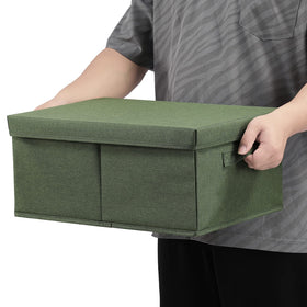 HOONEX olive storage bins stacked illustrate compact storage solution.