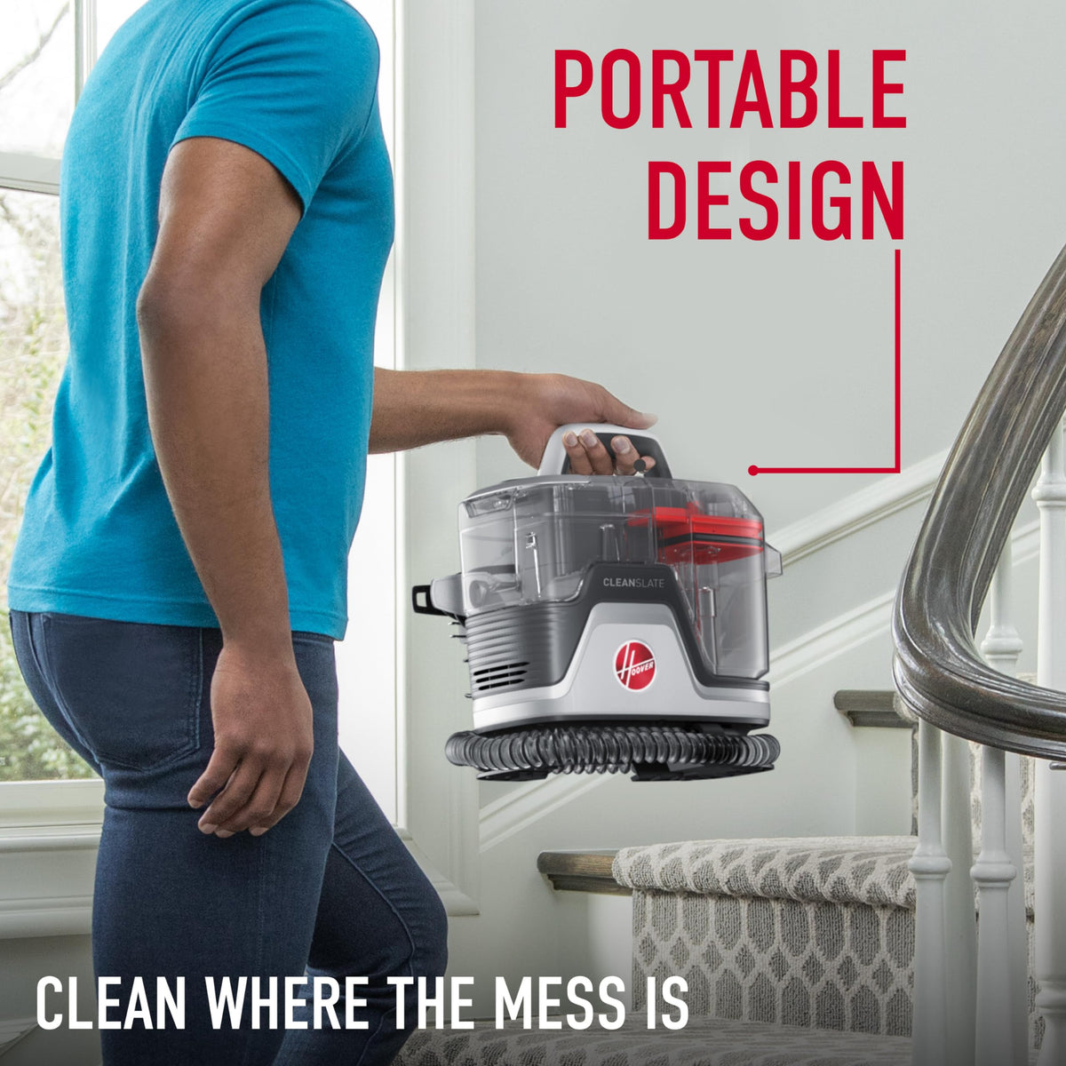 Hoover CleanSlate Plus TightSpot tool reaches edges for upholstery cleaning