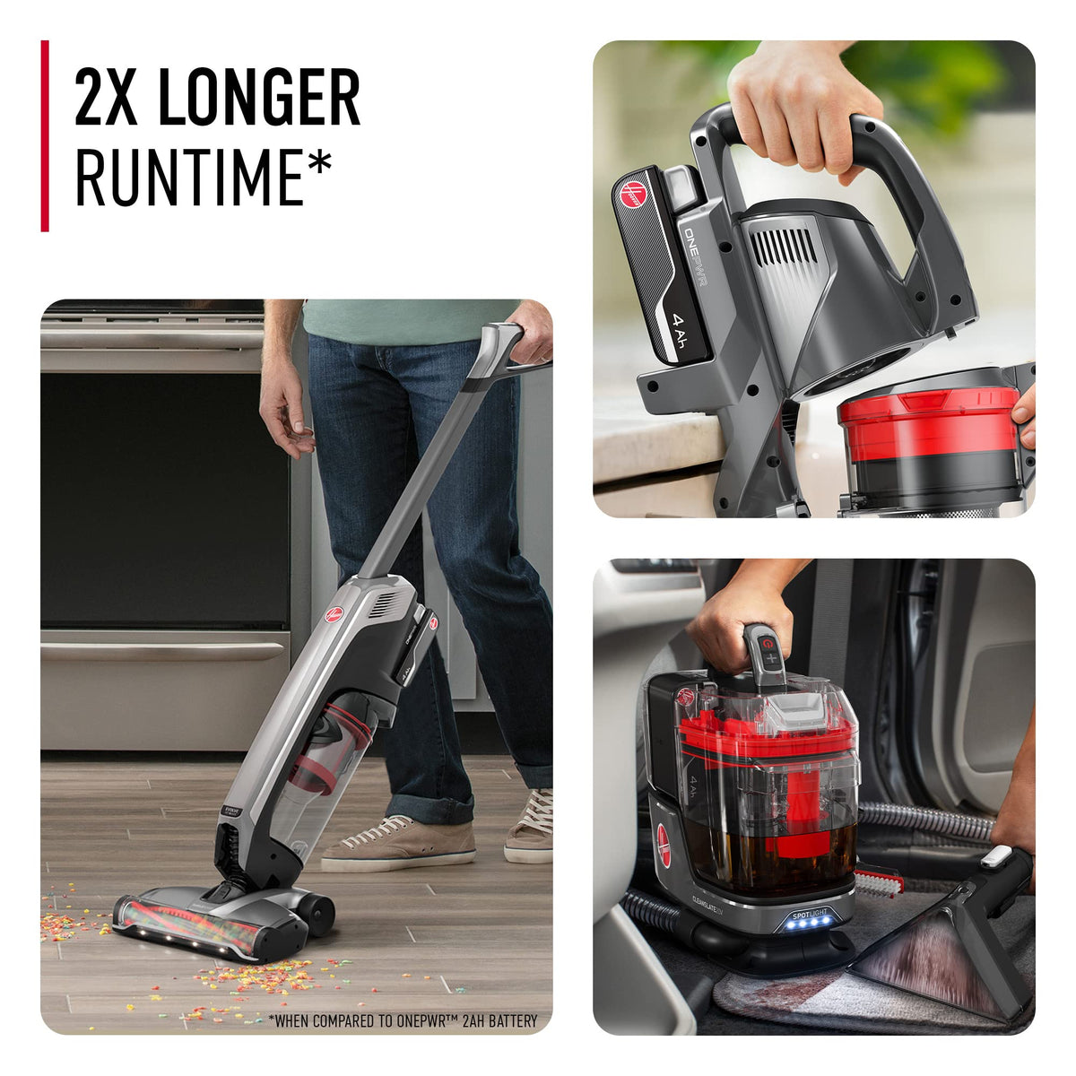 Hoover ONEPWR 4.0 Ah battery demonstrating 2X runtime during a mid size cleaning task