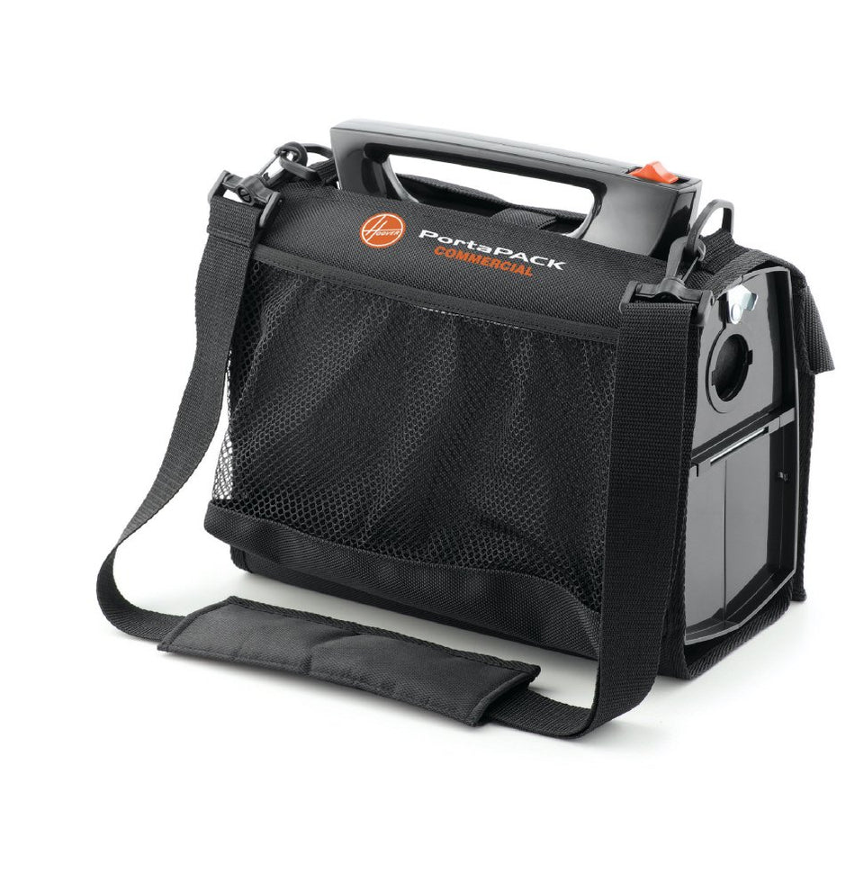 Hoover PortaPower carrying bag in black with padded strap for convenient travel.