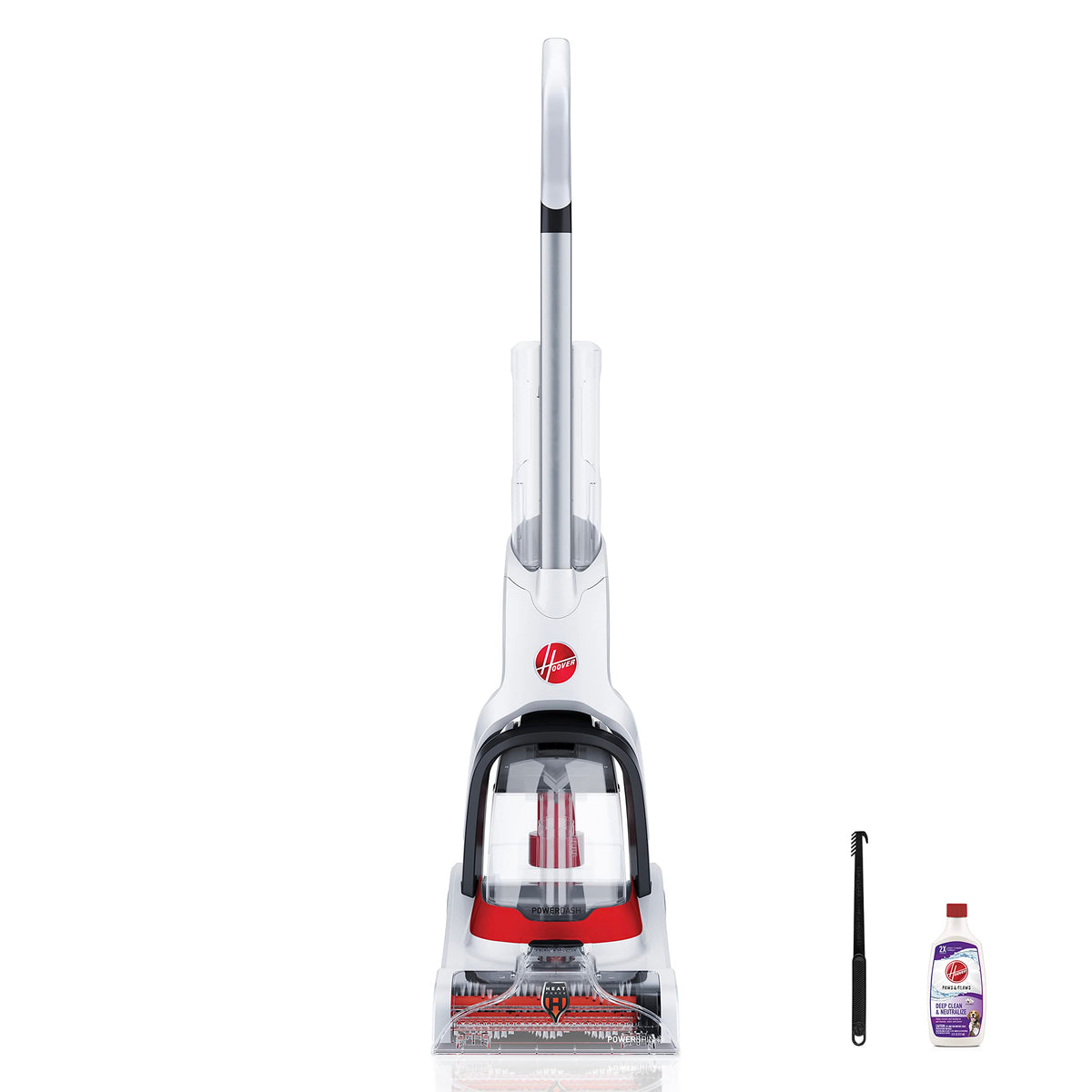 Hoover PowerDash Pet+ compact cleaner in action removing stains from rug.