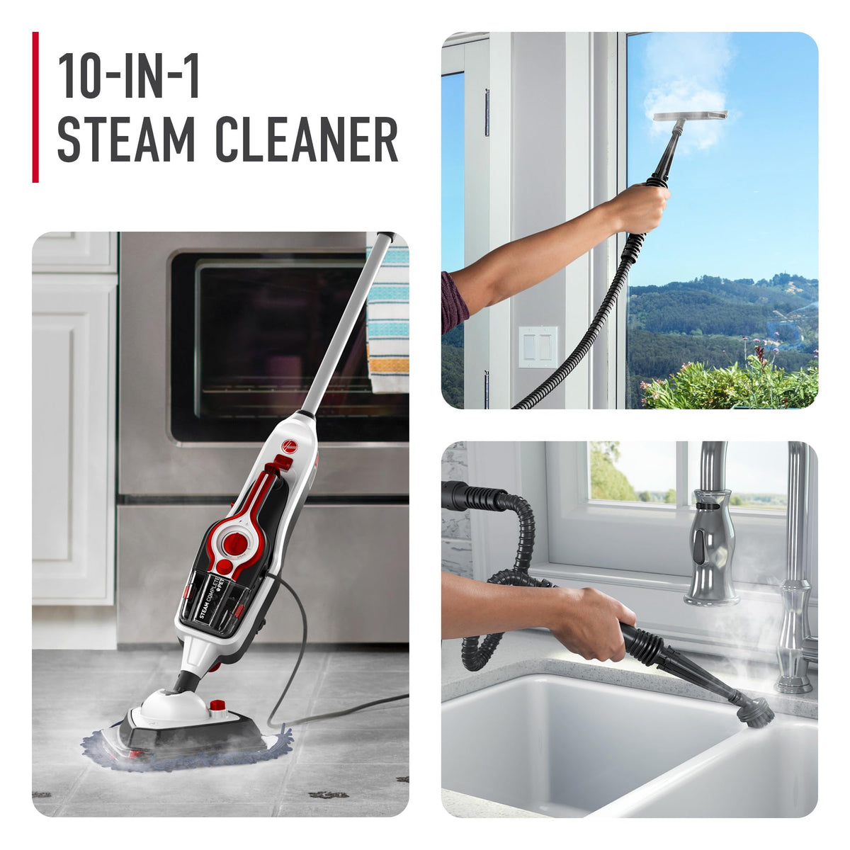 Hoover Steam Complete Pet Steam Mop on hardwood floor shows chemical-free cleaning