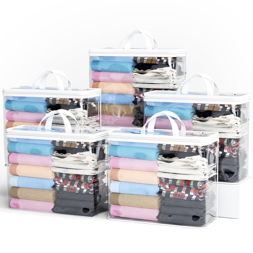 Hopack 5PACK clear zippered storage bags with 22L capacity for organized clothing.
