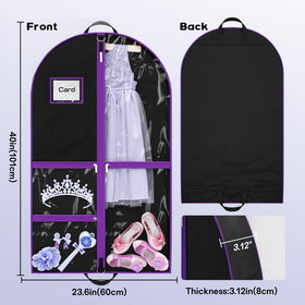 Hopack cheer uniform garment bag with three pockets to organize shoes and accessories.