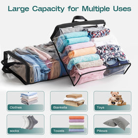 Hopack clear bags in a closet illustrating space-saving organization of clothing