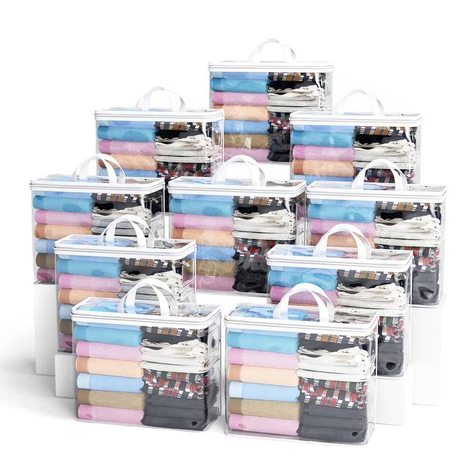Hopack clear storage bags open view showing spacious capacity for clothes and linens.