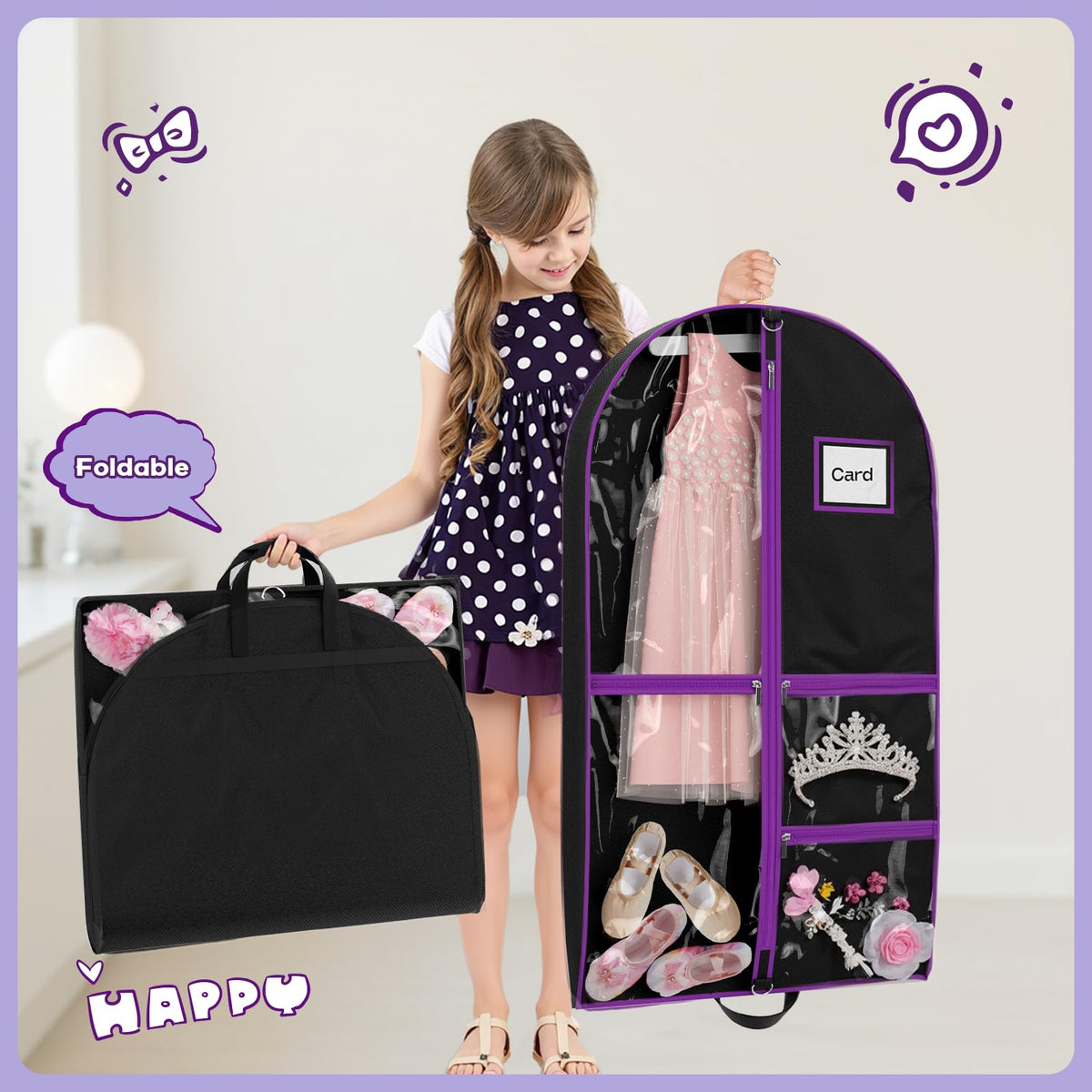 Hopack garment bag with dual handles for easy carrying to recitals and events.