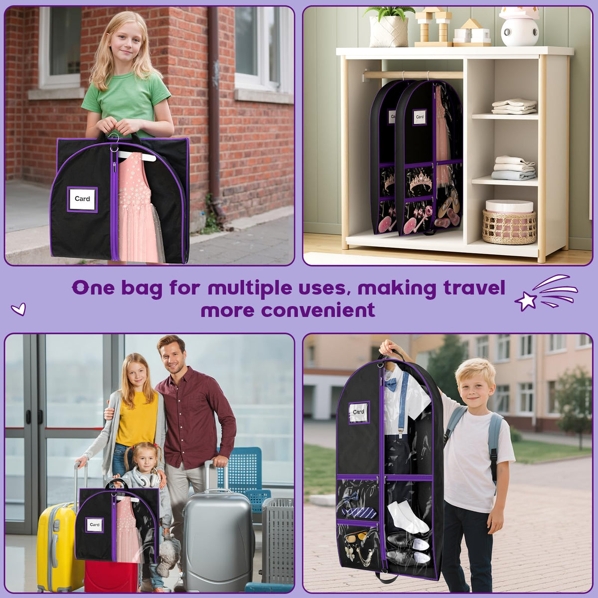 Hopack travel garment bag folds in half for easy transport to performances.