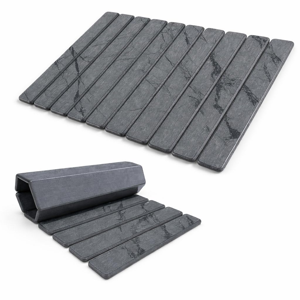 Hoppli stone bath mat with marble print absorbs moisture quickly for a dry floor
