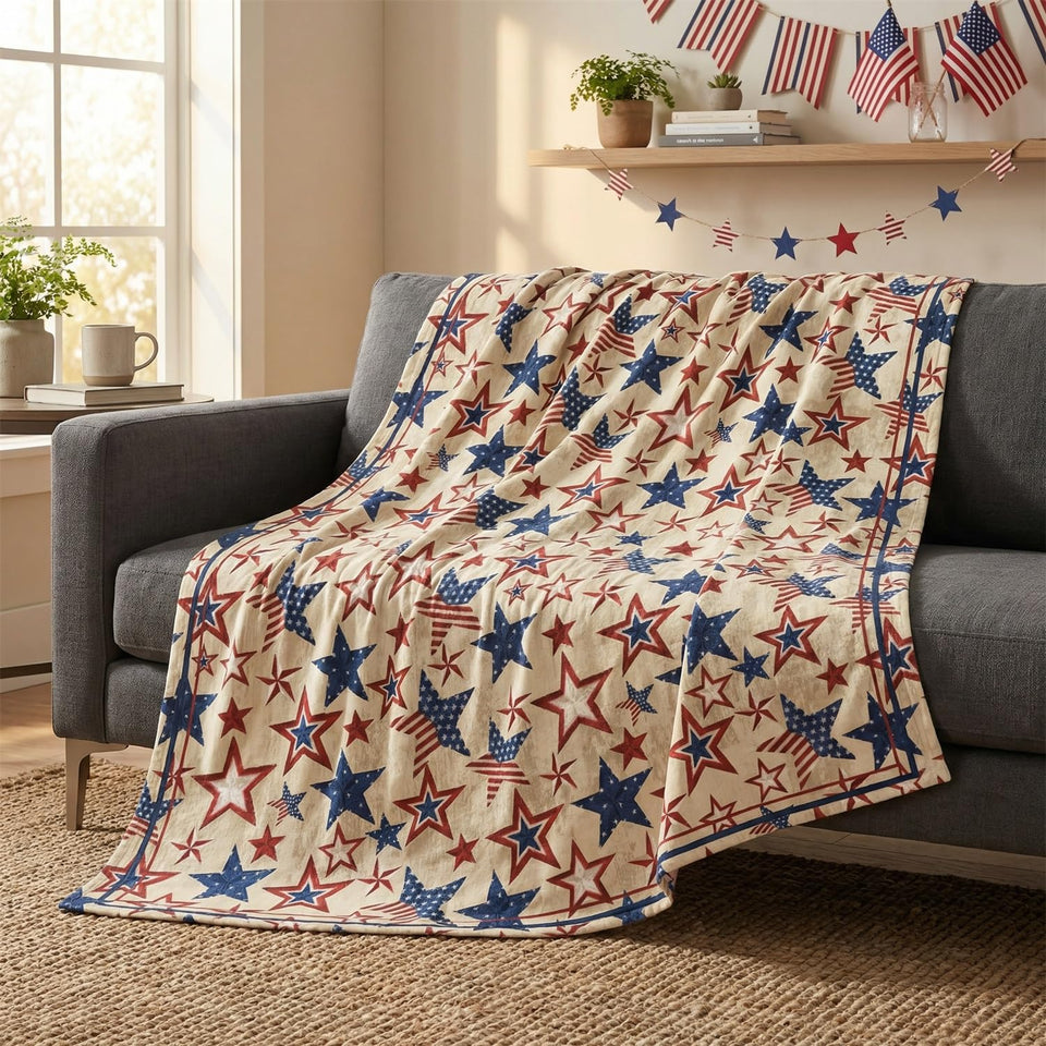 Horaldaily Fourth of July flannel blanket front view with blue and red star design for cozy decor