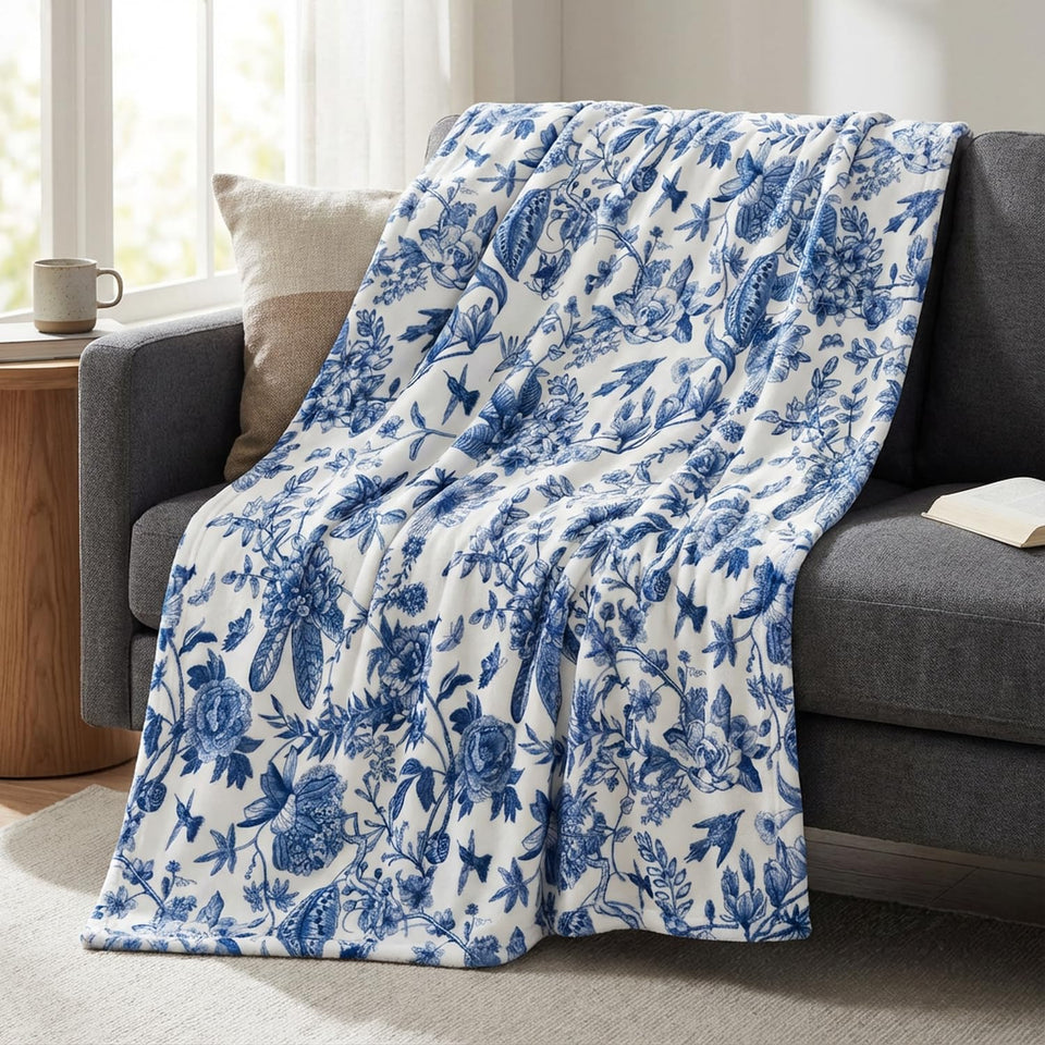 Horaldaily blue hand-drawn flowers blanket close-up showing soft fleece texture