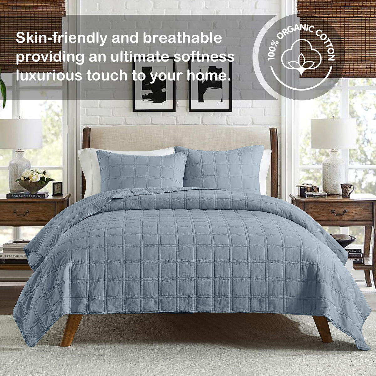 HORIMOTE HOME Adriatic Blue geometry pattern quilt highlights modern stitching.