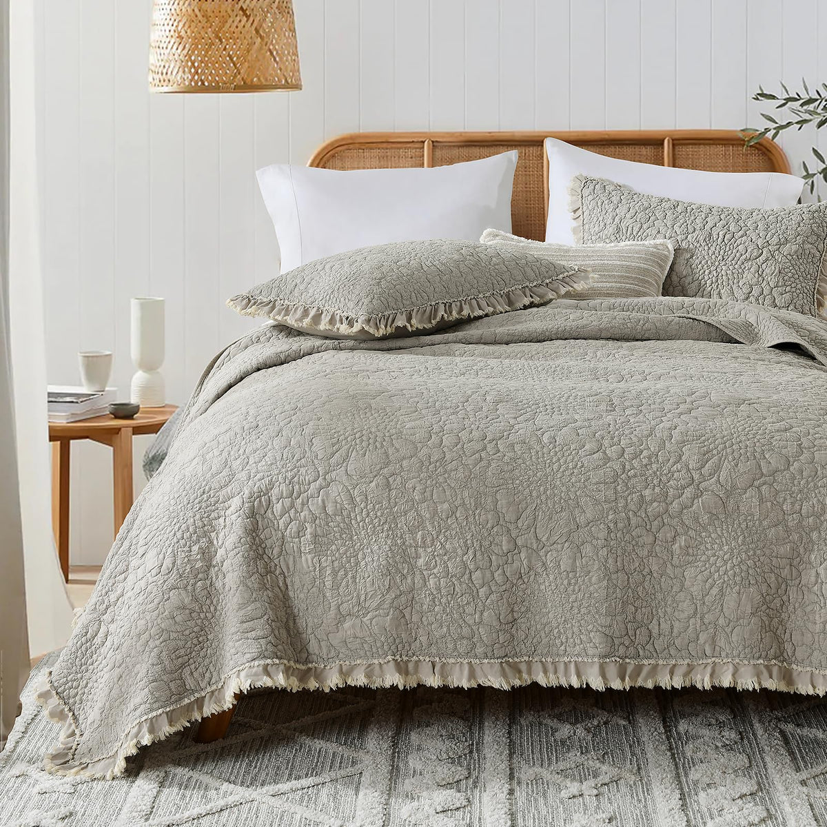HORIMOTE HOME beige ruffled quilt king with soft stone-washed microfiber comfort.