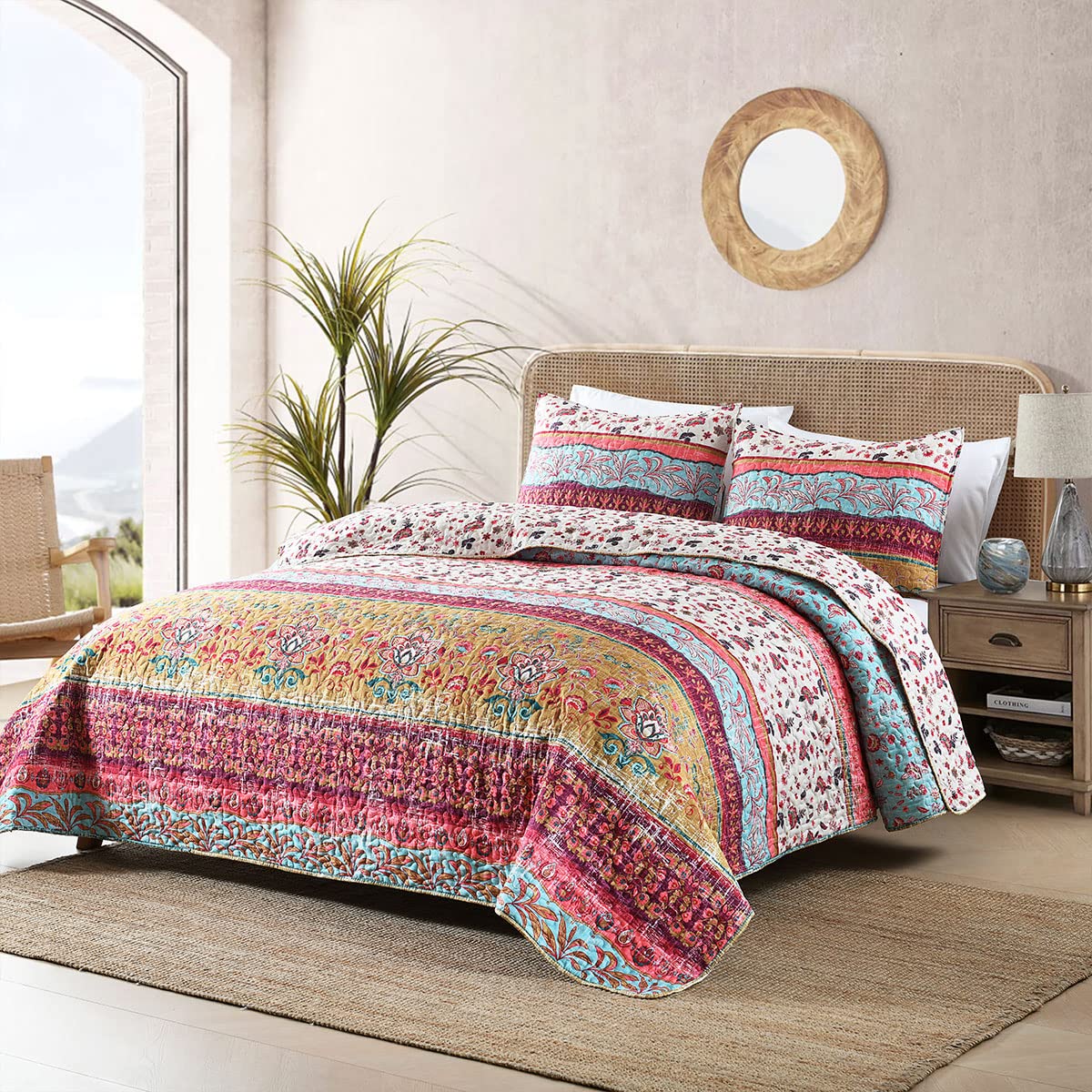 HORIMOTE HOME boho floral stripe quilt closeup showing a bright pattern for lively bedrooms