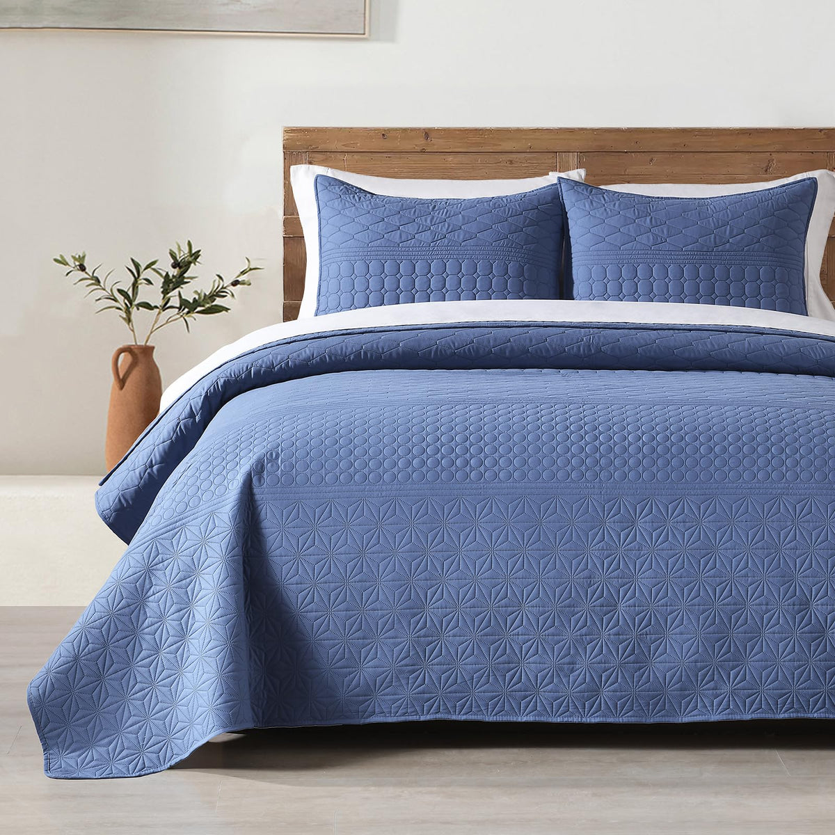 HORIMOTE HOME denim blue queen bedspread set on bed for a cozy year-round update.