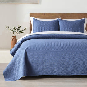 HORIMOTE HOME denim blue queen bedspread set on bed for a cozy year-round update.