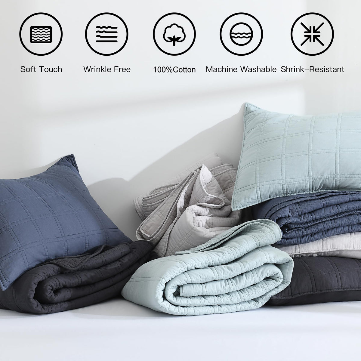 HORIMOTE HOME denim blue quilt care shot demonstrates easy washing.
