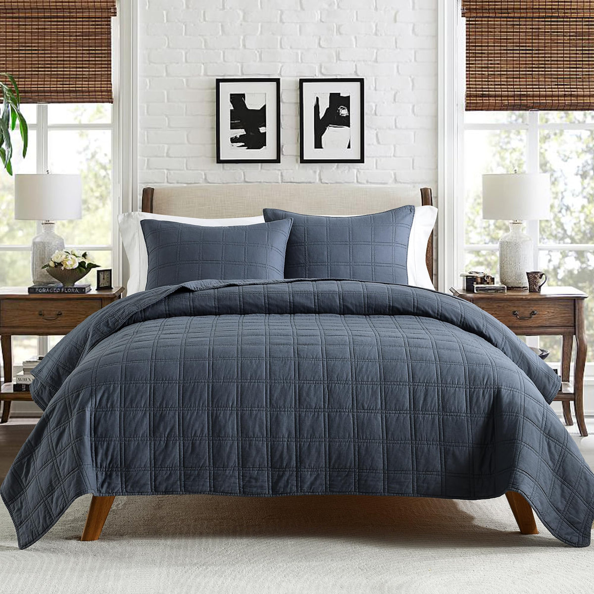 HORIMOTE HOME denim blue quilt stitching detail showcases geometric pattern.
