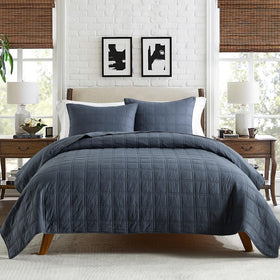 HORIMOTE HOME denim blue quilt stitching detail showcases geometric pattern.