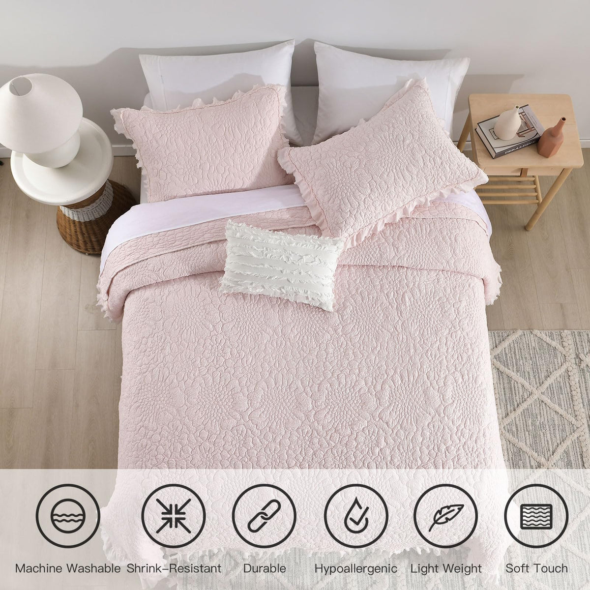 Elegant flower design with ruffled edges on HORIMOTE HOME bedding.