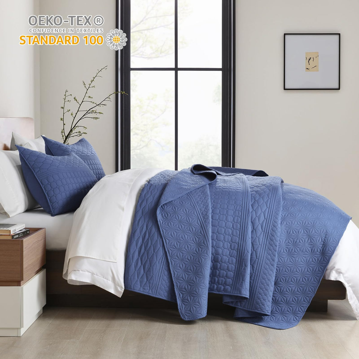 HORIMOTE HOME geometric pattern detail enhances a modern look in solid denim.