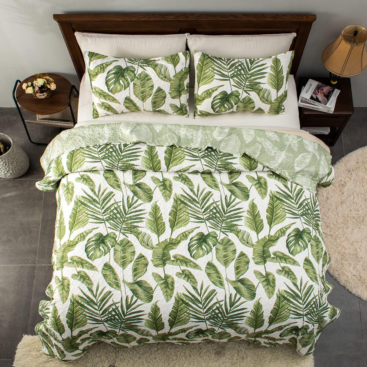 Horimote Home monstera leaves reversible quilt for versatile styling options