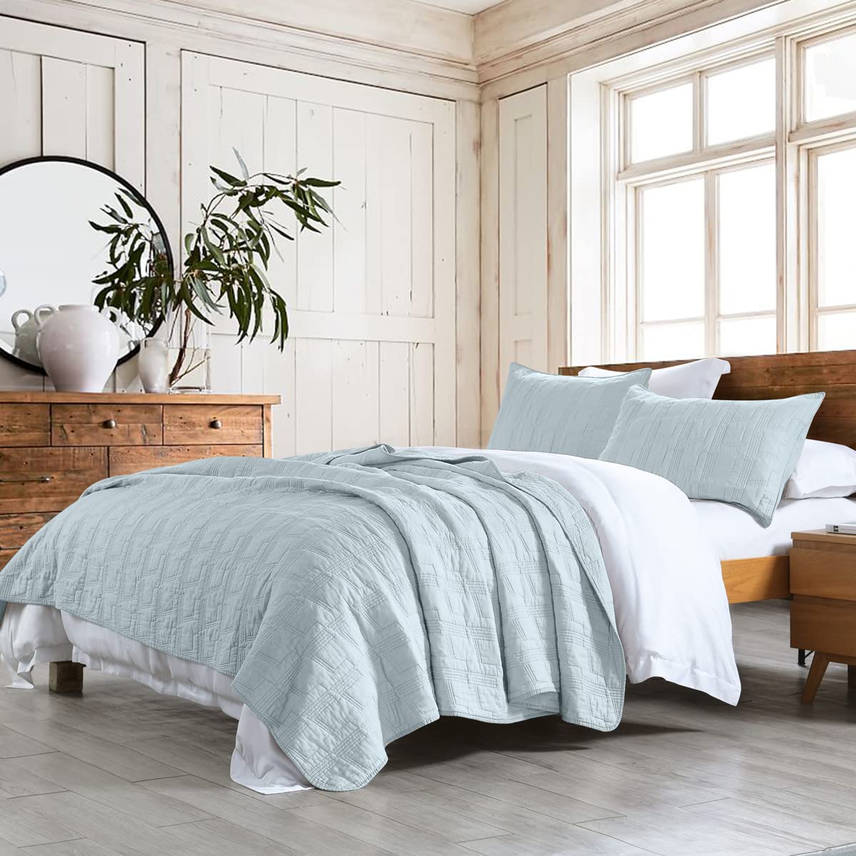 HORIMOTE HOME quilt set queen baby blue bedspread shows breathable cotton comfort