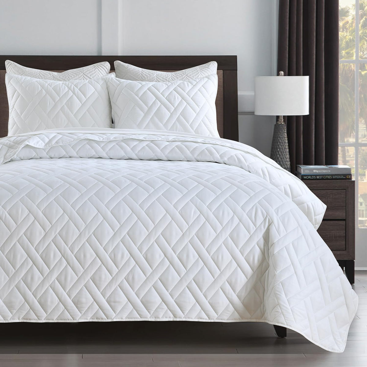 HORIMOTE HOME quilt set queen in white with geometric diamond stitching for cozy texture.
