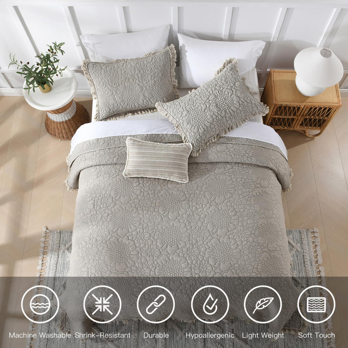 HORIMOTE HOME ruffled edges on quilt and shams provide chic, shabby chic appeal.