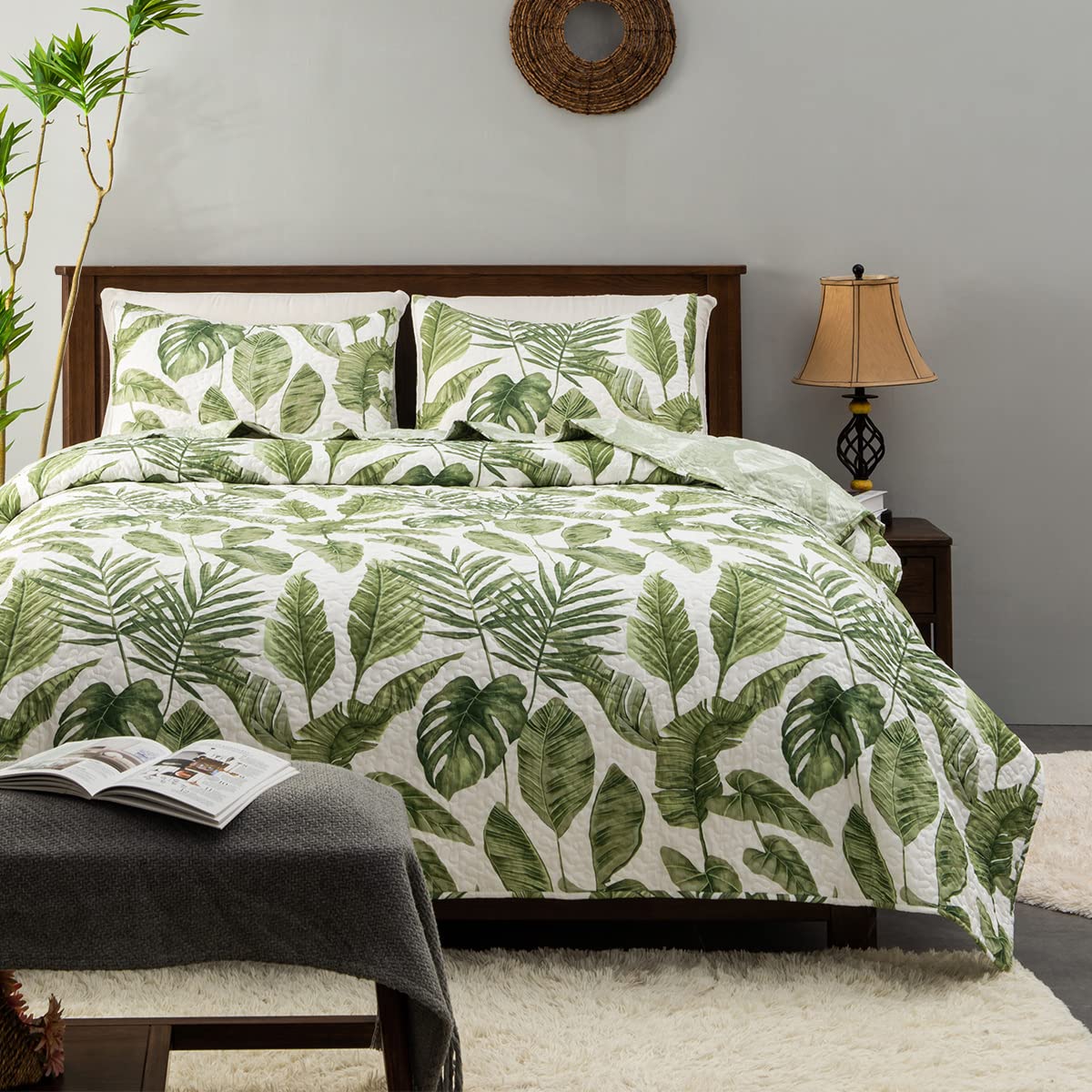 Horimote Home tropical plants quilt set on a queen bed brightens the room with lush foliage motif