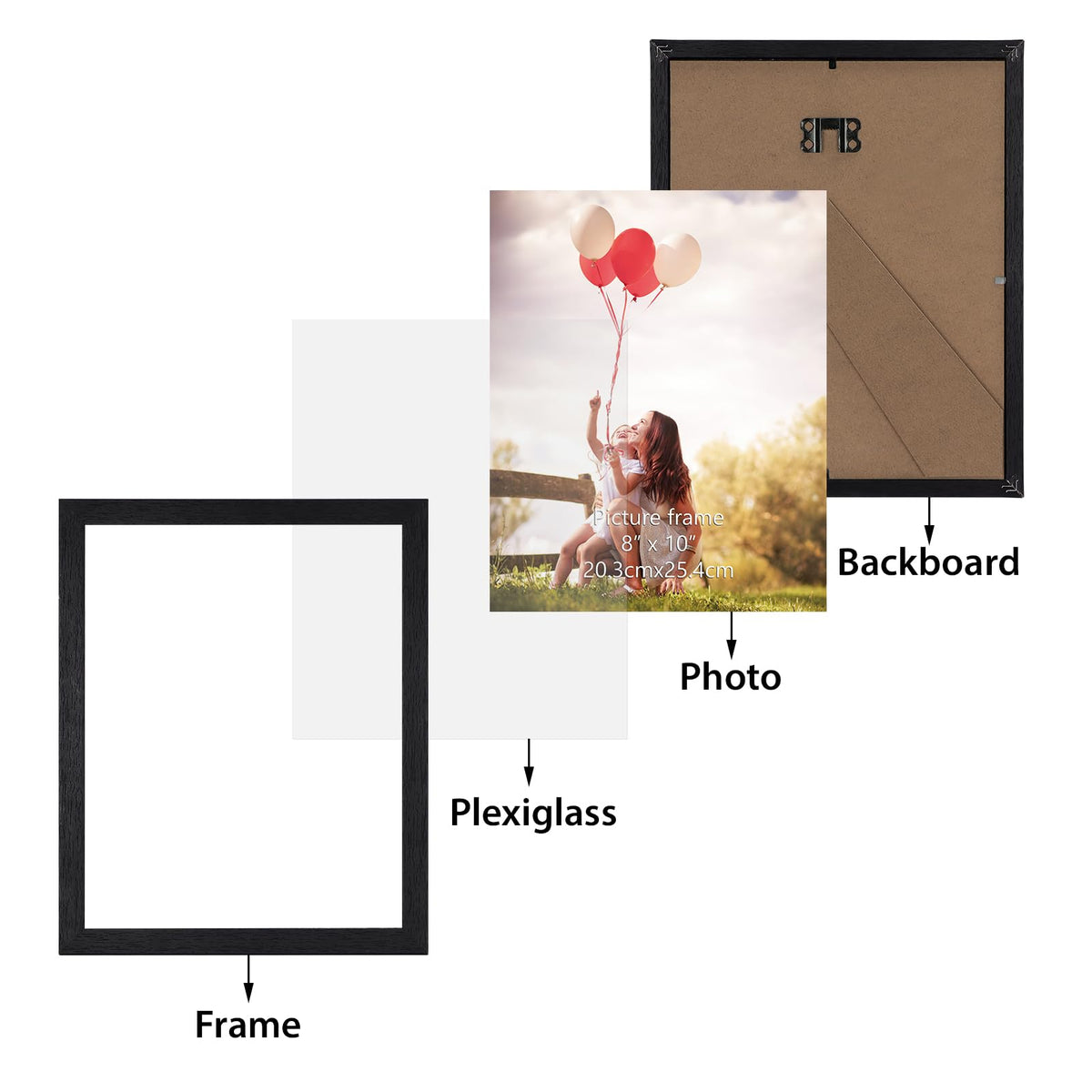 HORLIMER 8x10 frame front with plexiglass protects photos from dust.