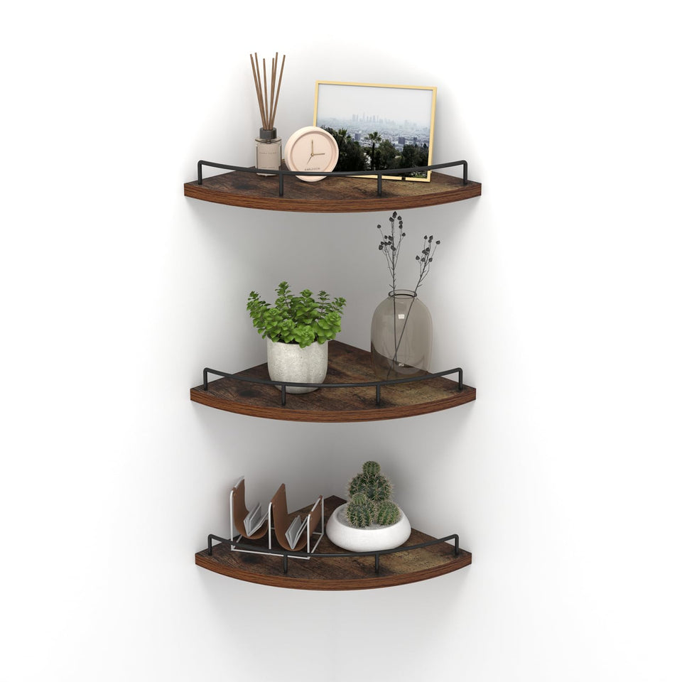 HORLIMER floating corner shelves in brown wood finish for space-saving display.