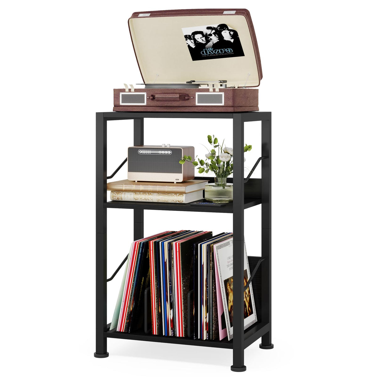 Hosfais 3-tier record stand front view, sturdy design supports vinyl collection