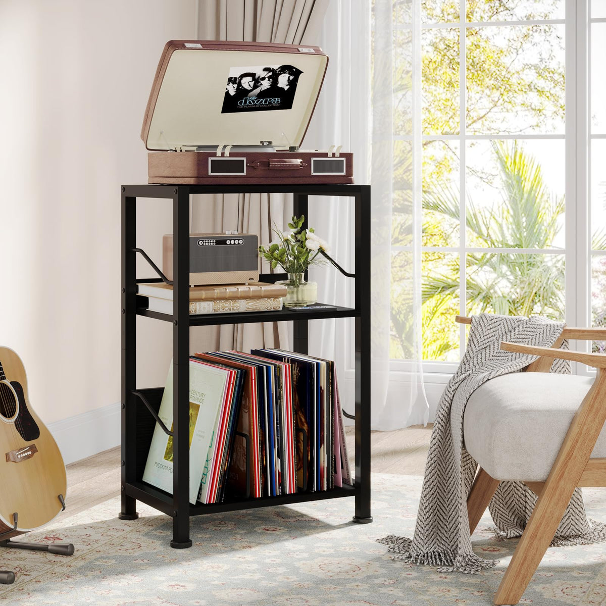 Hosfais 3-tier record stand side view, retro meets modern stability