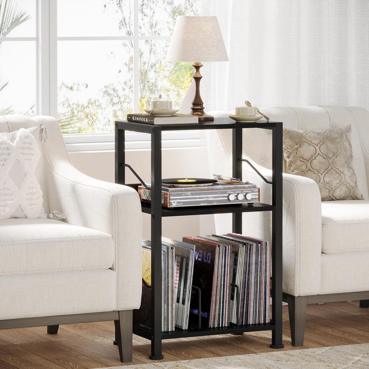 Hosfais 3-tier record stand top surface, ample space for turntable and decor