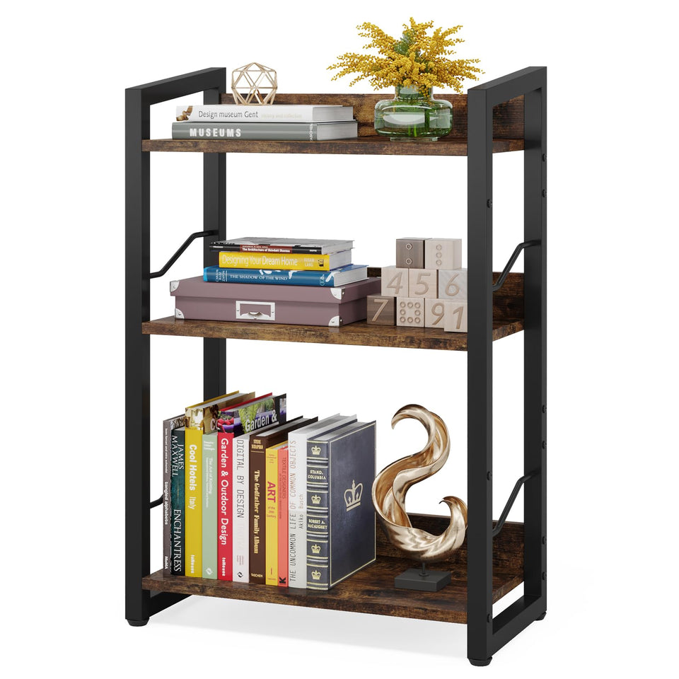 Hosfais 3-Tier Wood Book Shelf in rustic brown offers compact storage.
