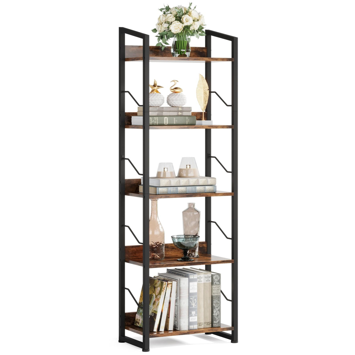 Hosfais 5-tier tall bookshelf with edge protection for secure display.