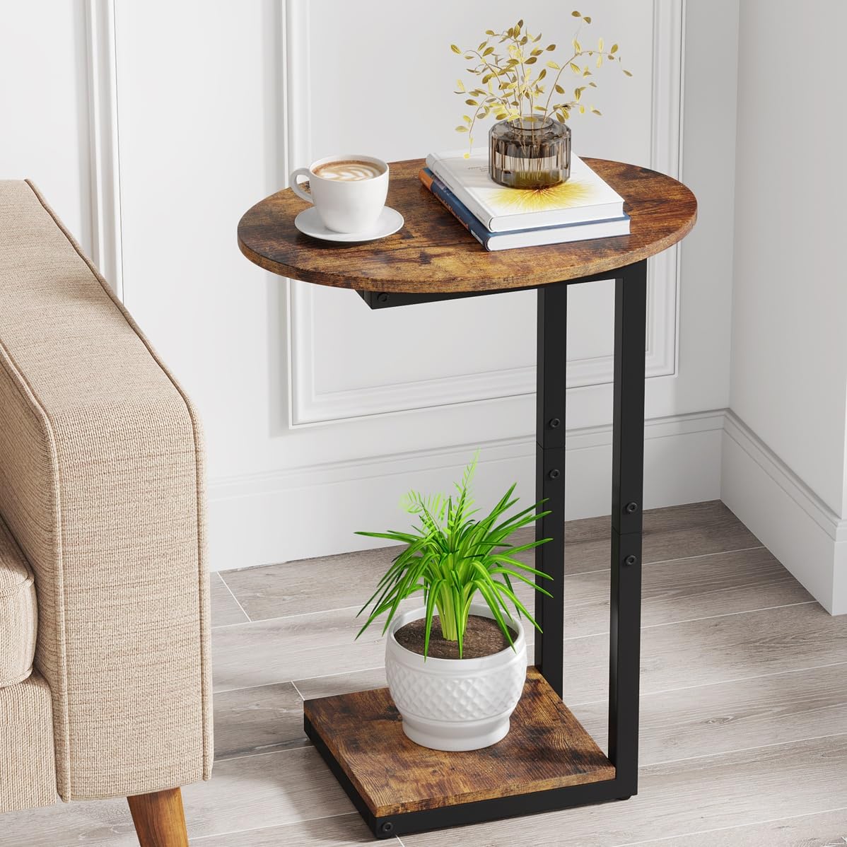 Hosfais side table with oval wood top and metal frame beside the sofa for convenient surface.