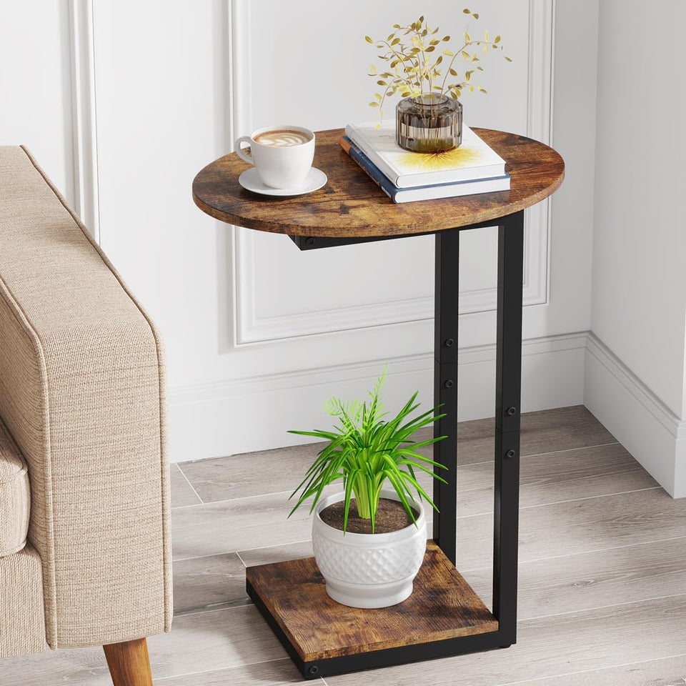 Hosfais side table with oval wood top and metal frame beside the sofa for convenient surface.