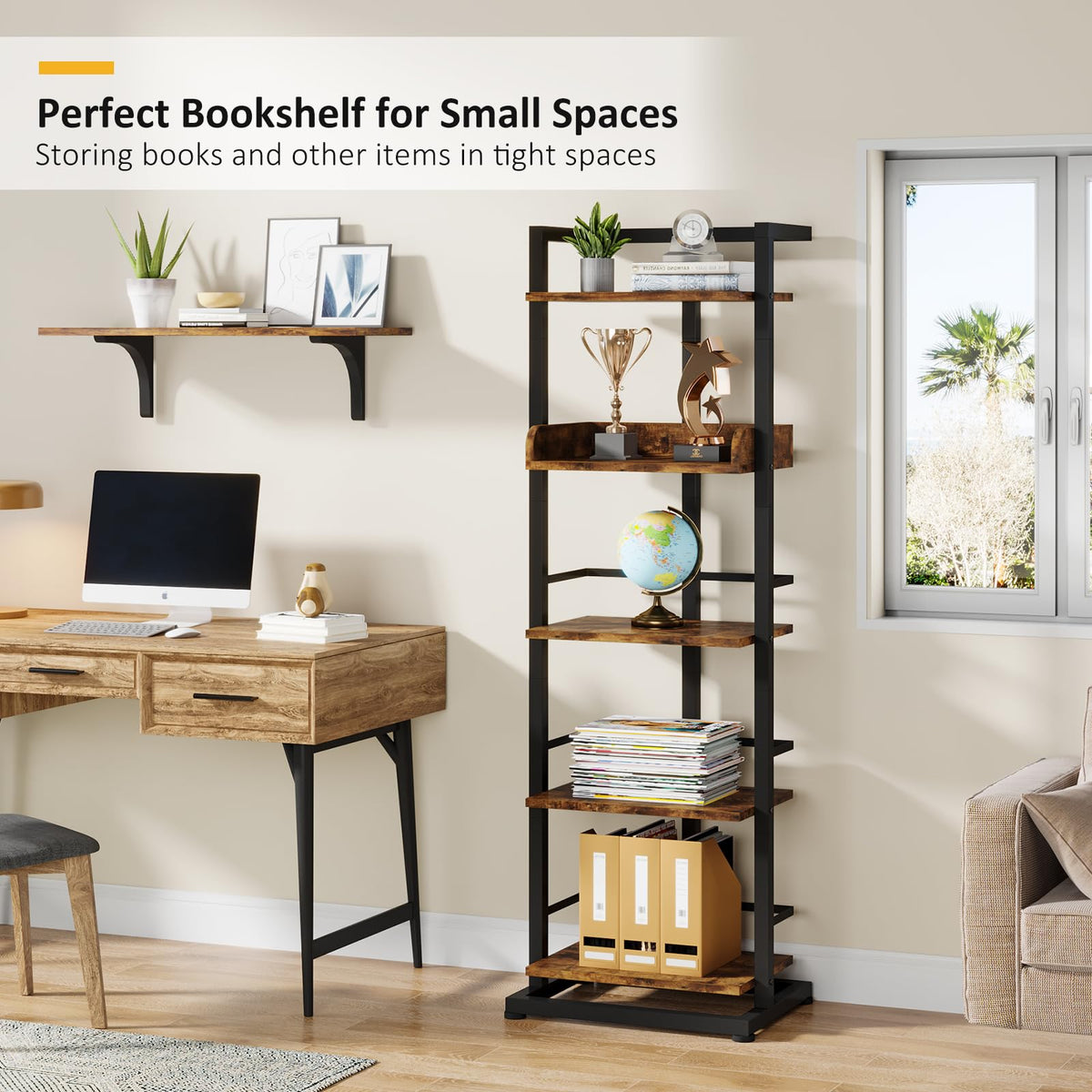 Hosfais space-saving shelf fits tight corners while providing vertical storage.